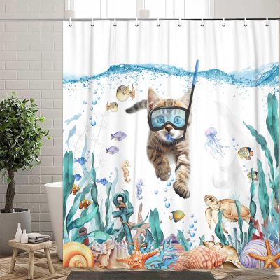 MCKTOM Funny Cat Shower Curtain, Teal Blue Ocean Sea Turtle Starfish Tropical Fish Fabric Bath Curtains, Kids Bathroom Nautical Decor Waterproof with Hooks Set 72 x 72 Inch