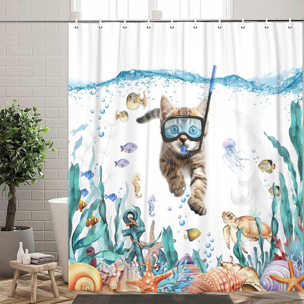 MCKTOM Funny Cat Shower Curtain, Teal Blue Ocean Sea Turtle Starfish Tropical Fish Fabric Bath Curtains, Kids Bathroom Nautical Decor Waterproof with Hooks Set 72 x 72 Inch