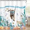 MCKTOM Funny Cat Shower Curtain, Teal Blue Ocean Sea Turtle Starfish Tropical Fish Fabric Bath Curtains, Kids Bathroom Nautical Decor Waterproof with Hooks Set 72 x 72 Inch view 2