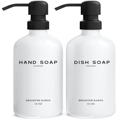 White Glass Hand and Dish Soap Dispenser Set by Brighter Barns - Kitchen Soap Dispenser & Stainless Steel Pump - Glass Bottles for Kitchen Sink - Farmhouse Home Decor, Bathroom Accessories (White)