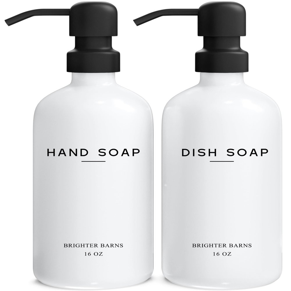 White Glass Hand and Dish Soap Dispenser Set by Brighter Barns - Kitchen Soap Dispenser & Stainless Steel Pump - Glass Bottles for Kitchen Sink - Farmhouse Home Decor, Bathroom Accessories (White)