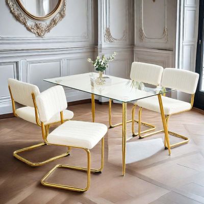 5 Piece Glass Dining Table Set for 4, 51" Glass Kitchen Table Set with Metal Legs, Modern Glass Dining Room Table and Teddy Chairs Set of 4, 5 Piece Dining Table Set for Kitchen (White+Gold Legs)