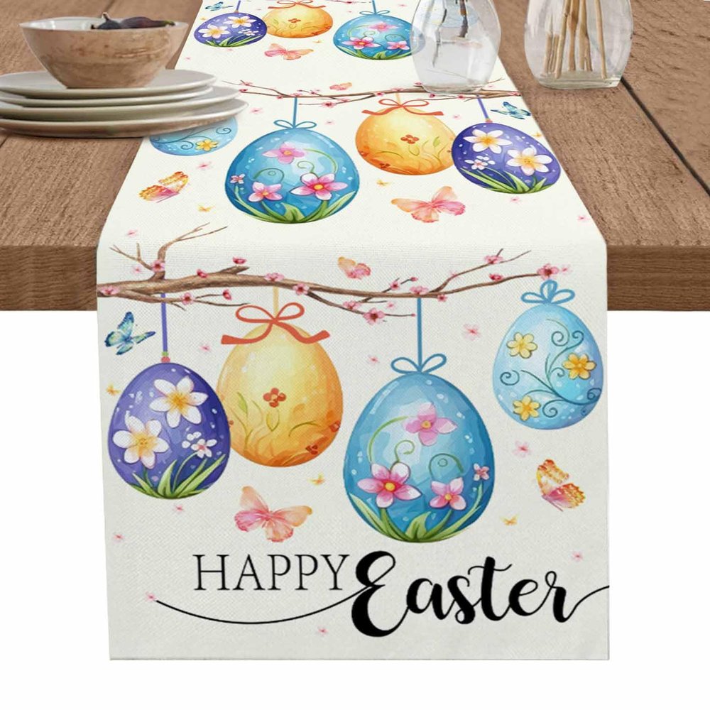 Table Runner 12x120 Inch Long Happy Easter Flowers Eggs Butterfly Floral Non-Slip Washable Table Runners Burlap Table Linens for Family Dinner, Outdoor or Indoor Parties, Wedding, Gathering