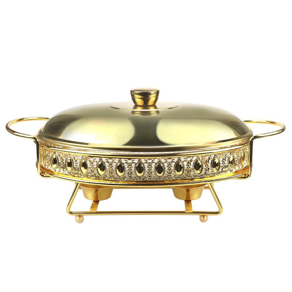 Chafing Dish Buffet Set Stainless Steel Oval Chafing Food Pan with Covers Buffet Servers and Food Warmers for Parties Wedding Outdoor Banquet (Gold 2L