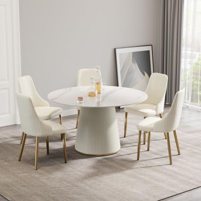 53.15" Round Dining Table, Mid Century Modern Dining Table with PU Base for 6-8 Person, Dining Room Table for Dining Room Kitchen,Living Room, Restaurant, White