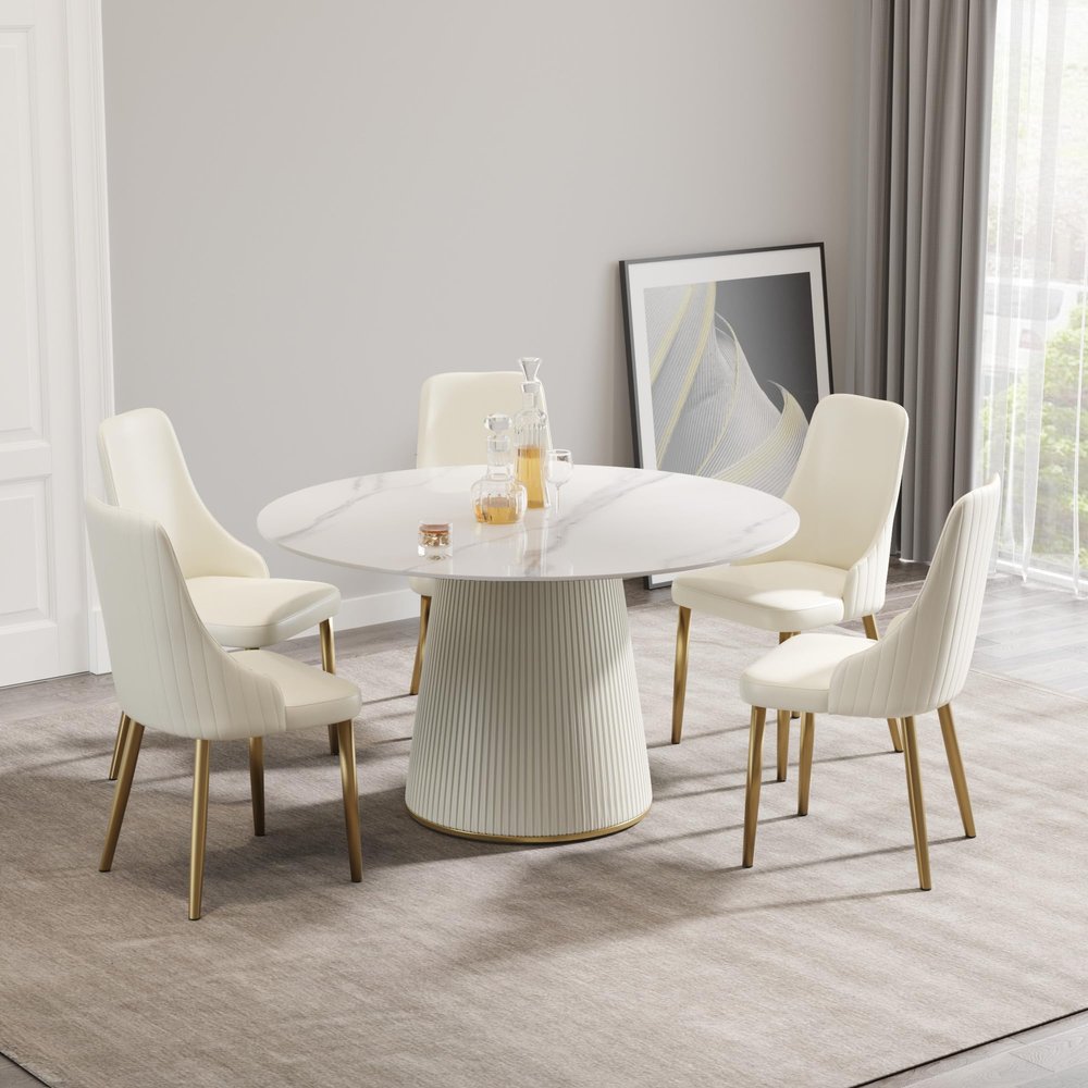 53.15" Round Dining Table, Mid Century Modern Dining Table with PU Base for 6-8 Person, Dining Room Table for Dining Room Kitchen,Living Room, Restaurant, White