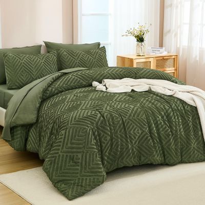 Andency California King Comforter Set Olive Green - 7 Piece Cal King Bed in a Bag Boho Olive Green Tufted Bedding Sets, Bed Set with Comforter, Sheets, Pillowcases & Shams