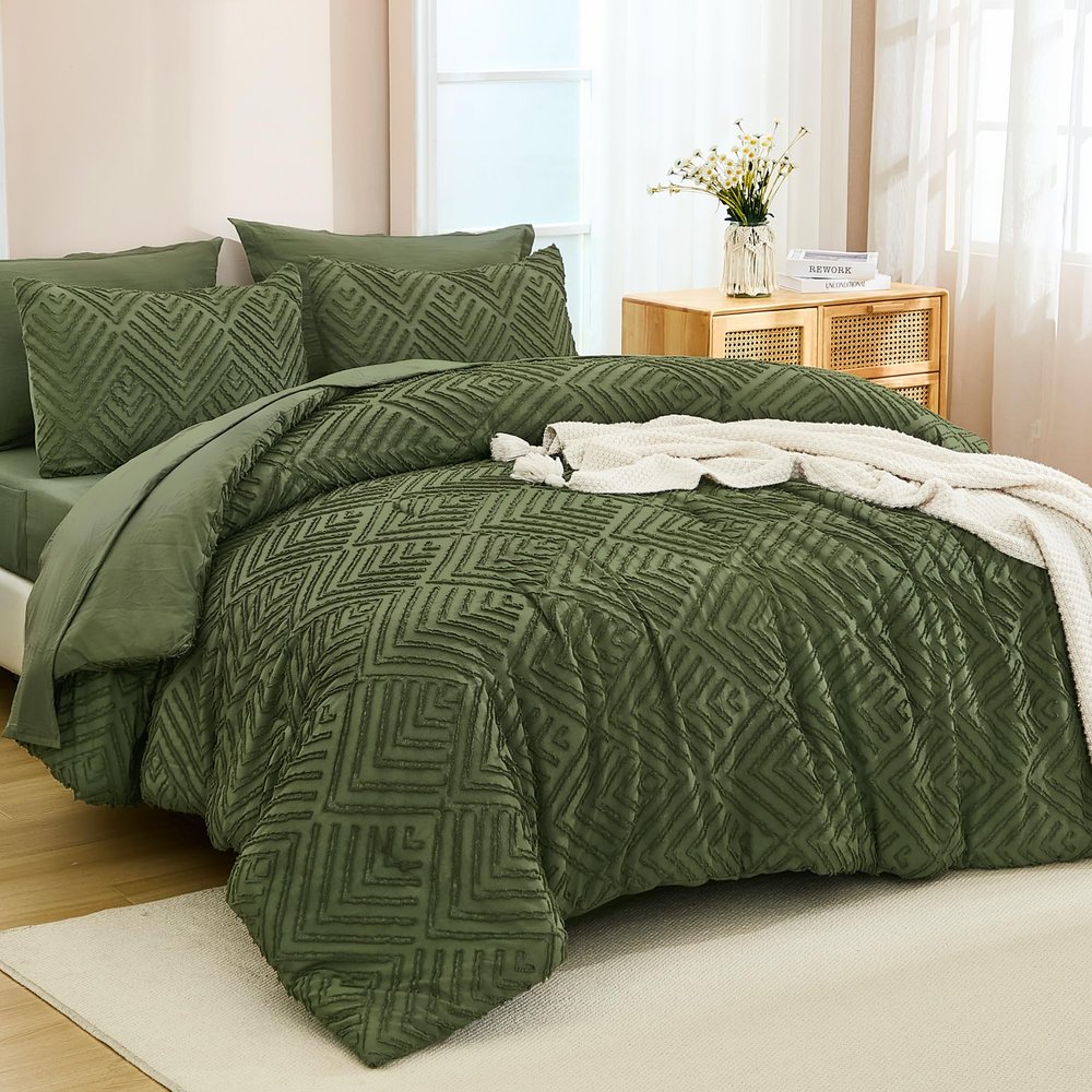 Andency California King Comforter Set Olive Green - 7 Piece Cal King Bed in a Bag Boho Olive Green Tufted Bedding Sets, Bed Set with Comforter, Sheets, Pillowcases & Shams