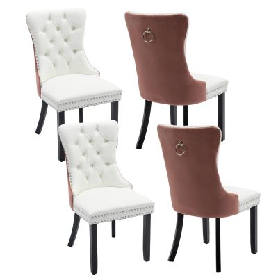 Rhomtree PU Leather and Velvet Dining Chairs, Upholstered Dining Room Chairs with Ring Pull Trim & Button Back, Luxury Tufted Dining Chairs for Living Room, Bedroom, Kitchen(White+Pink Set of 4)