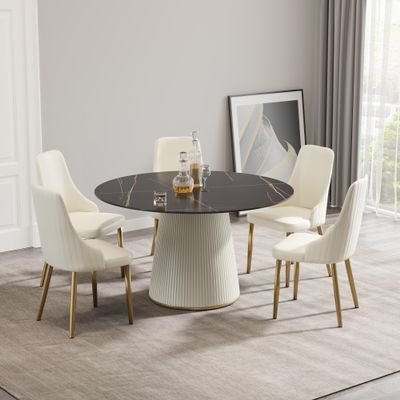 53.15" Round Dining Table, Mid Century Modern Dining Table with PU Base for 6-8 Person, Dining Room Table for Dining Room Kitchen,Living Room, Restaurant, Black