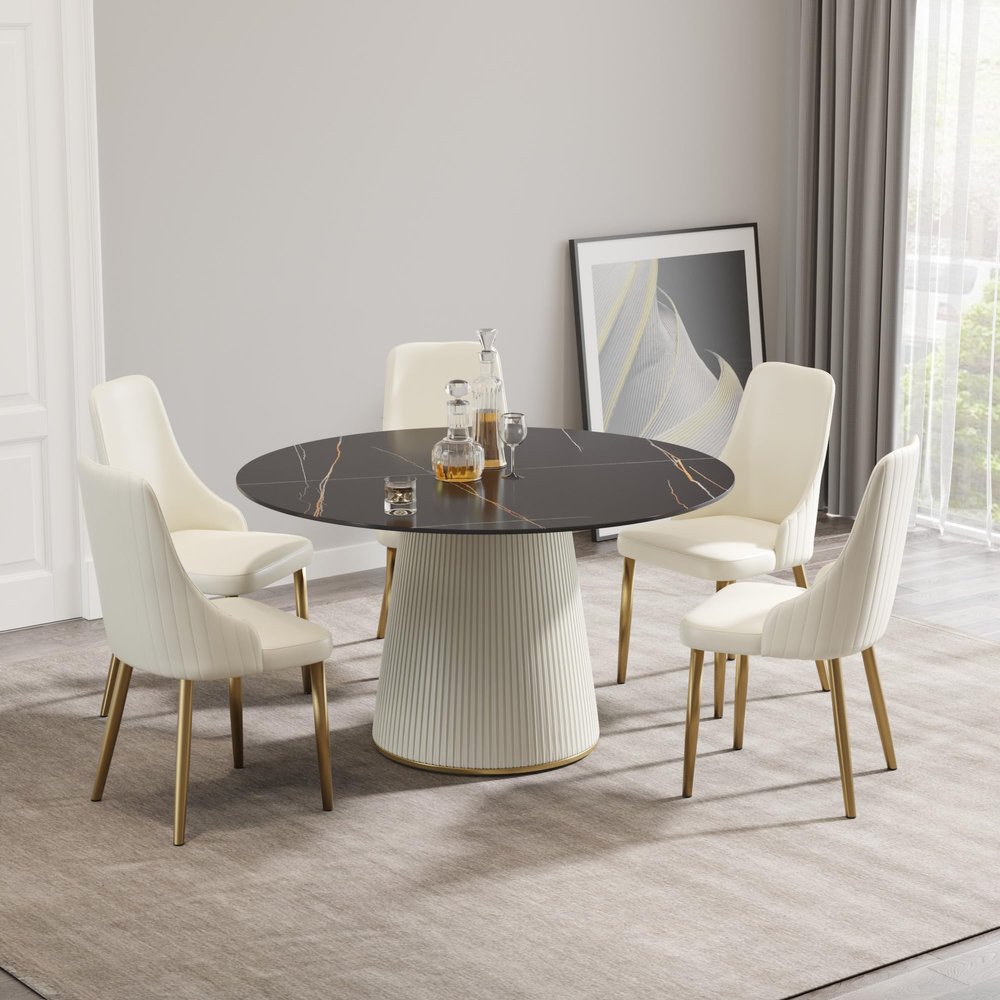 53.15" Round Dining Table, Mid Century Modern Dining Table with PU Base for 6-8 Person, Dining Room Table for Dining Room Kitchen,Living Room, Restaurant, Black