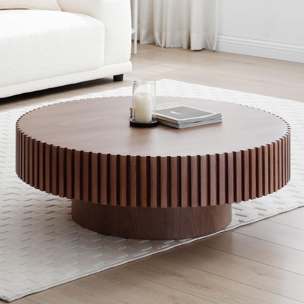 31.49'' Walnut Round Coffee Table for Apartment, Modern Living Room Coffee Table with Sturdy Pedestal