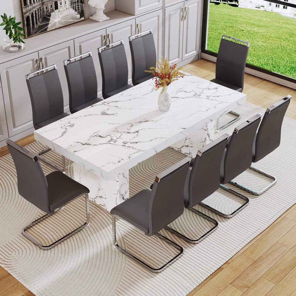 gopop 11 Piece Dining Table Set, 79" Marble Dining Table Set for 10, Marble Pattern MDF Dining Table Top and Base, 10 PU Leather Dining Chairs with Chrome Plated Metal Legs for Kitchen Dining Room.