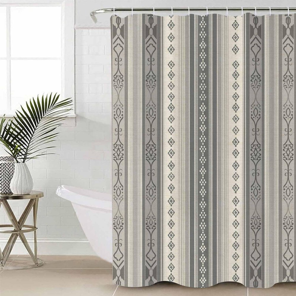 Double Love Boho StripesBathroom Curtain 78 Inch Shower Curtain with Hooks, Waterproof Polyester Bath Curtain Washable Bathtub Curtain Beige Geometric Modern Flower Stripe 36''x 78''