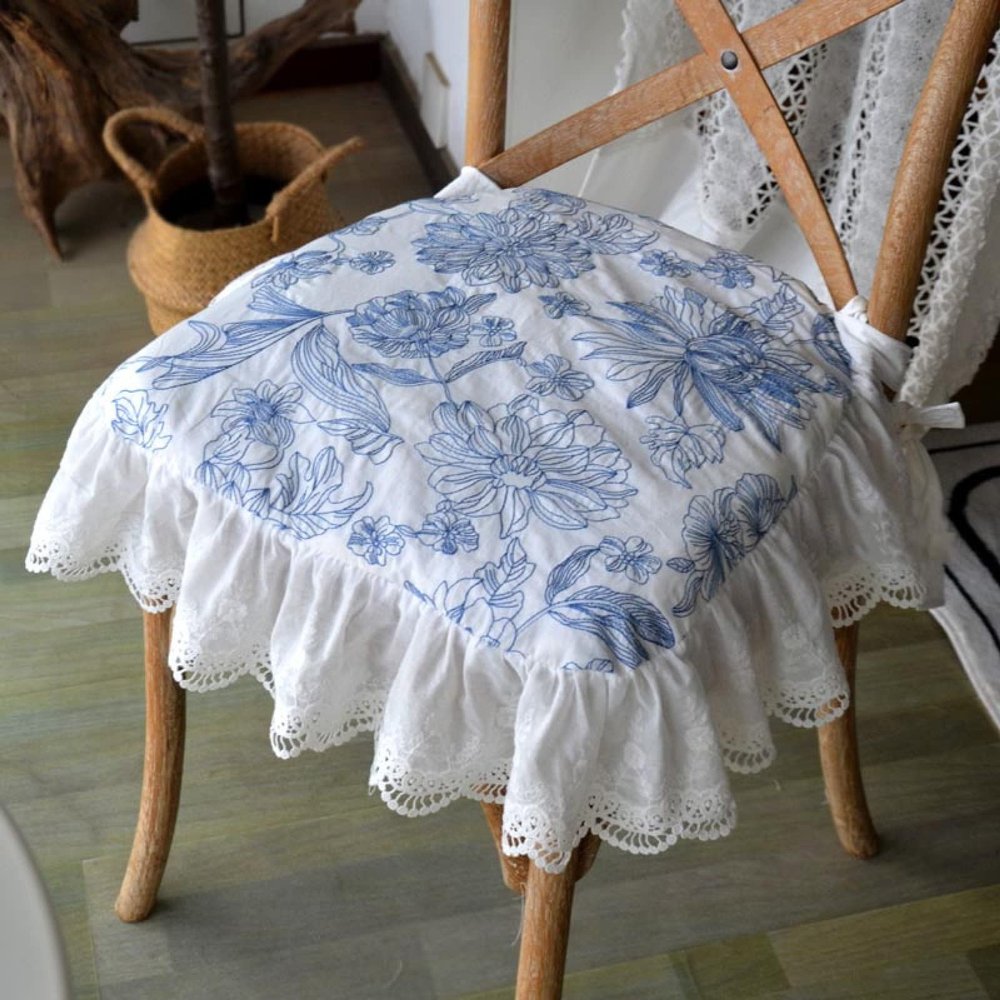 ALEEIK Floral Ruffled Chair Pad Blue & White Flower Print Chair Cushion Vintage Farmhouse, Country Cottage Chair Cushion for Wooden Dining Chair, 18x18 Inches