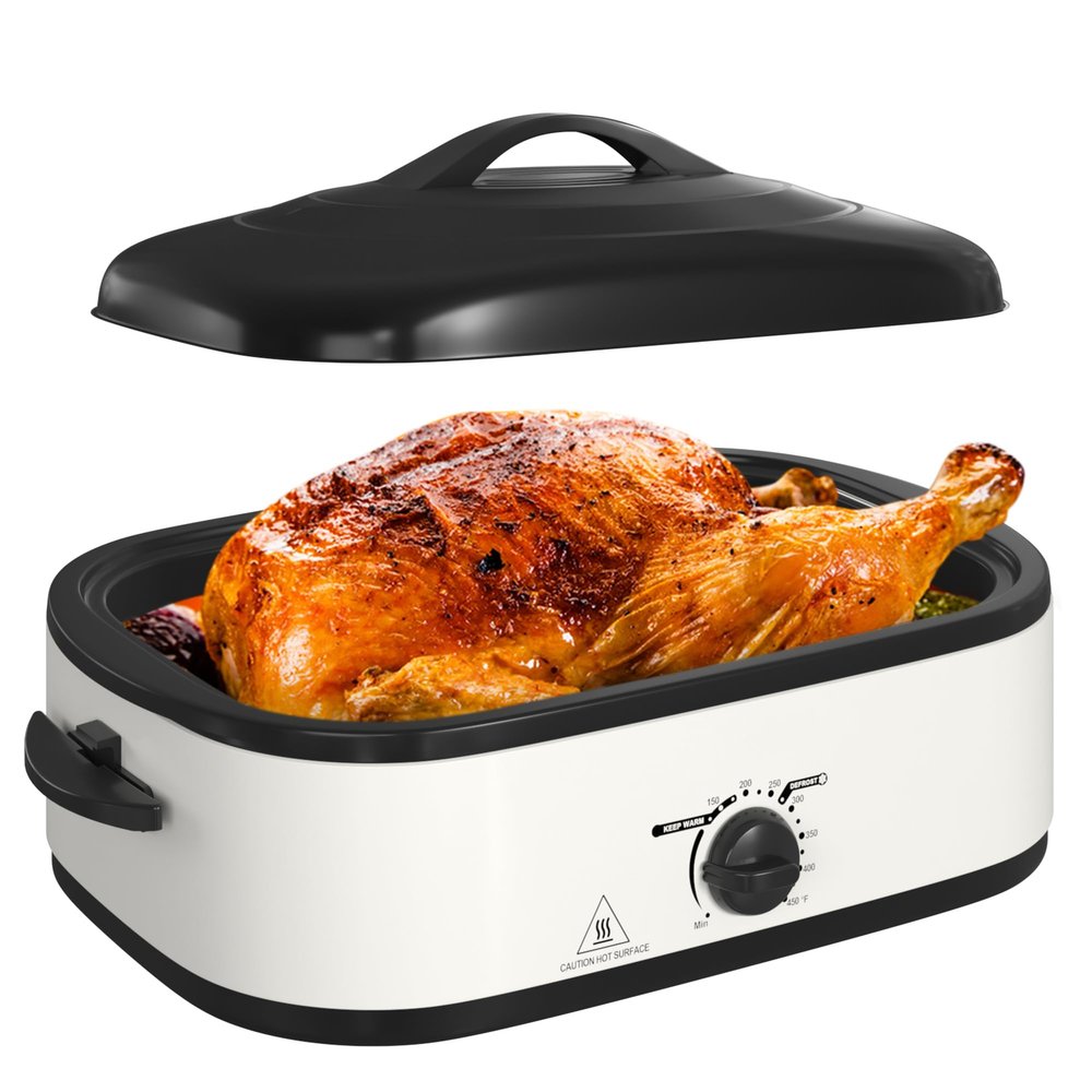 14 Quart Electric Roaster Oven with Slow Cooker Function, Turkey Roaster Oven Buffet with Self-Basting Lid, Removable Pan, Cool-Touch Handles, Easy to Clean, White