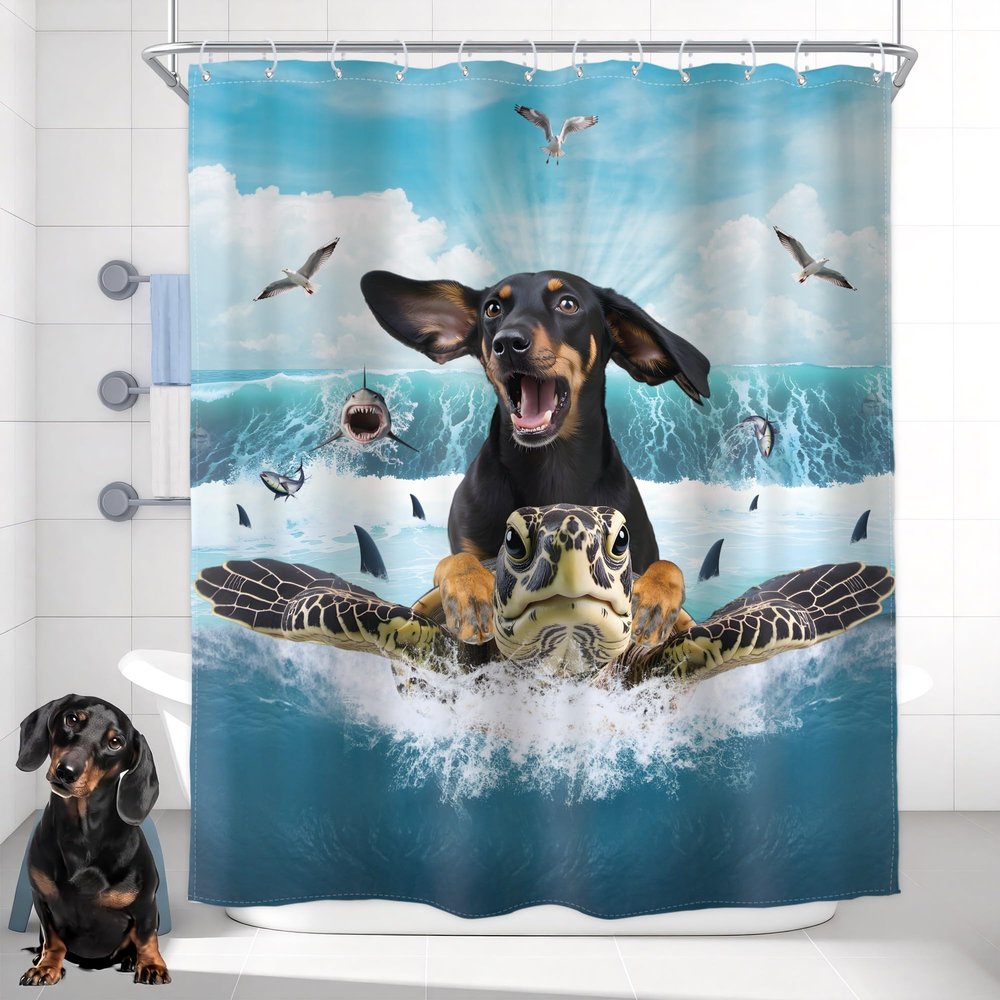 Homewelle Funny Dachshund Dog Shower Curtain Kids Boys Animal Riding Sea Turtle Surfing Cool Beach Ocean Waves Shark 60Wx72H Inch Blue Sky White Clouds Waterproof Polyester Fabric Bathroom Bathtub