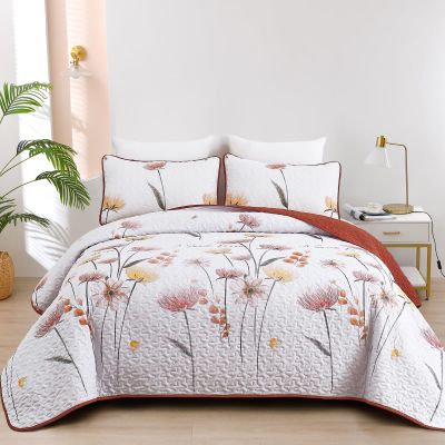 Dinjoy King Size Quilt Set Floral,3 Pieces Burnt Orange & Yellow Quilts Farmhouse Quilt Bedding Sets Lightweight Bedspreads Coverlet Set Summer Quilts for King Bed (110"x90")
