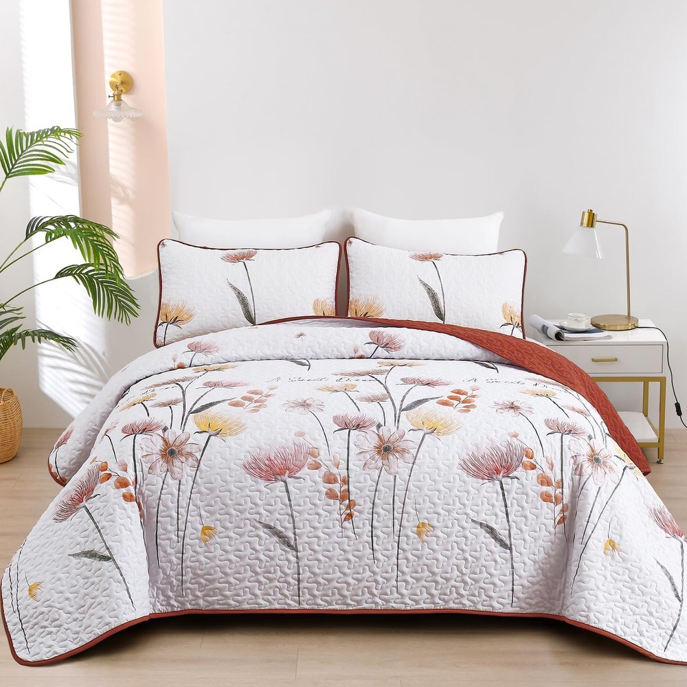 Dinjoy King Size Quilt Set Floral,3 Pieces Burnt Orange & Yellow Quilts Farmhouse Quilt Bedding Sets Lightweight Bedspreads Coverlet Set Summer Quilts for King Bed (110"x90")