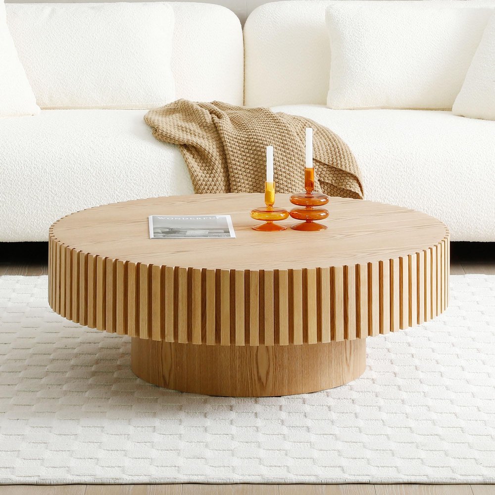 31.49'' Original Wood Color Small Round Coffee Table for Apartment, Modern Living Room Coffee Table with Sturdy Pedestal for Small Space
