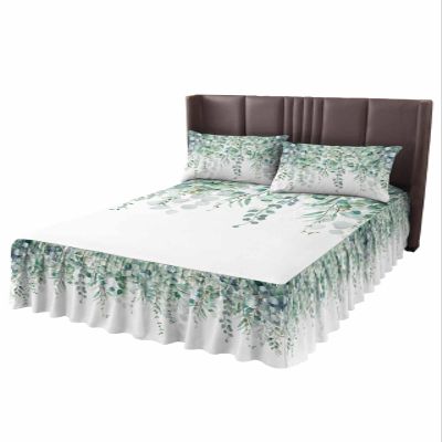 Eucalyptus Sage Green Bed Skirt for King Size Bed,Wrap Around Bedding Skirt Gathered Dust Ruffle Bedskirt Sets With 2 Packs Matching Pillow Covers 36"x20",18" Drop,Vintage Spring Summer Plant Leaves
