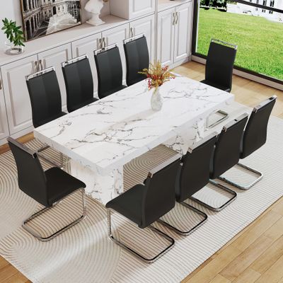 gopop 11 Piece Dining Table Set, 79" Marble Dining Table Set for 10, Marble Pattern MDF Dining Table Top and Base, 10 PU Leather Dining Chairs with Chrome Plated Metal Legs for Kitchen Dining Room.