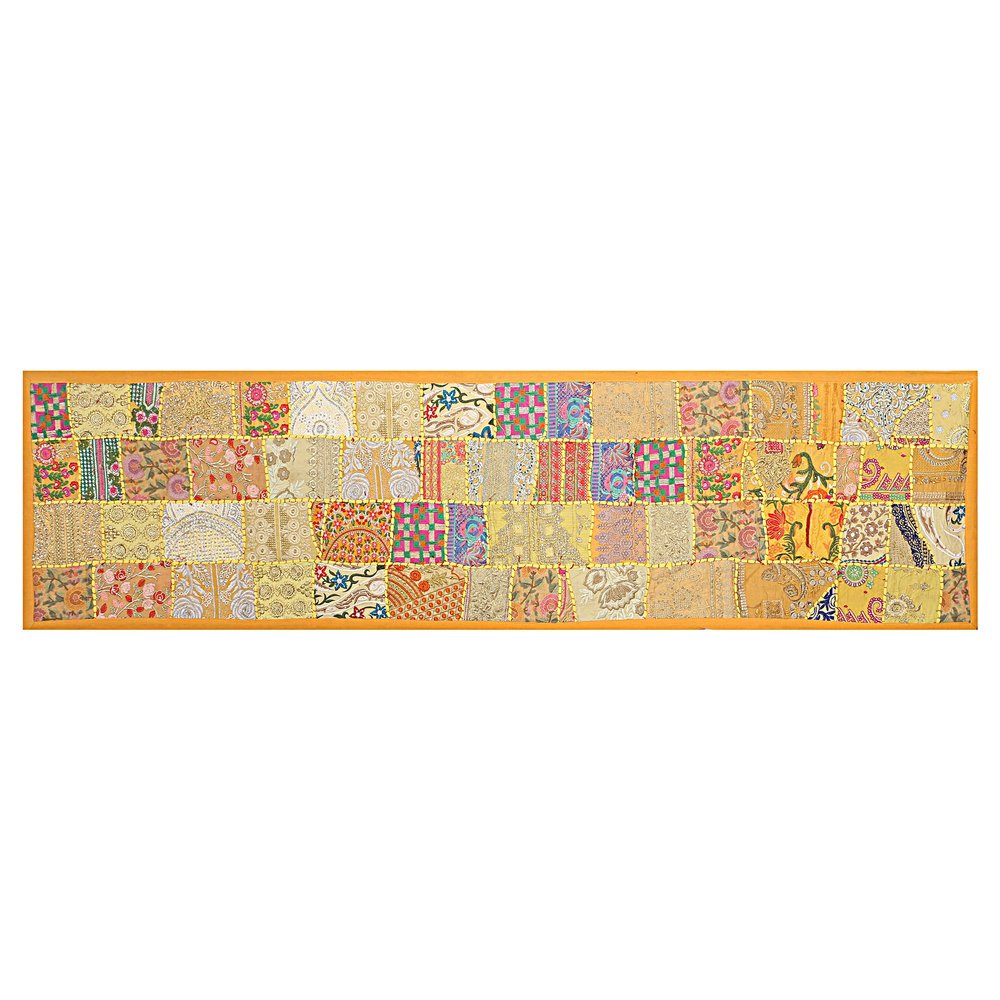 Sophia-Art 100% Cotton Beads Ethnic Indian Room Decor Table Dinning Cloth Handmade Decorative Art Embroidered Patchwork Table Runner (Yellow, 12" x 60")