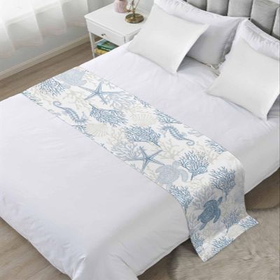 Blue Grey Coastal Bed Runner for Cal.King Bed, Bedspread Protector Slipcover Bed Scarf for Foot Bed Runners & Scarves for Bedroom Hotel Wedding Room 94x20 Inches Sea Turtle Nautical Coral Summer Beach
