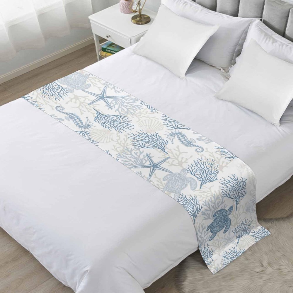 Blue Grey Coastal Bed Runner for Cal.King Bed, Bedspread Protector Slipcover Bed Scarf for Foot Bed Runners & Scarves for Bedroom Hotel Wedding Room 94x20 Inches Sea Turtle Nautical Coral Summer Beach