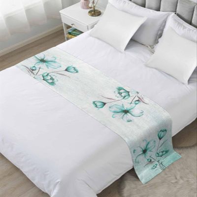 Teal Green Floral Bed Runner for Full/Queen Bed, Bedspread Protector Slipcover Bed Scarf for Foot Bed Runners & Scarves for Bedroom Hotel Wedding 83x20 Spring Summer Country Flowers Ombre Green Rustic