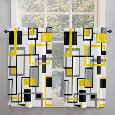 Kitchen Curtain Valance, Nordic Style Retro Medieval Geometric Abstract Boho Yellow Black Gray Short Rod Pocket Window Curtain Tiers for Bedroom, Bathroom, 2 Panel, 27.5" W x45 L
