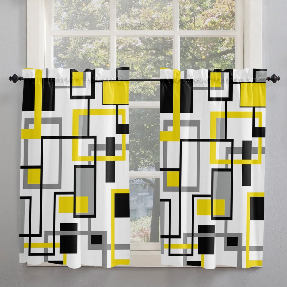 Kitchen Curtain Valance, Nordic Style Retro Medieval Geometric Abstract Boho Yellow Black Gray Short Rod Pocket Window Curtain Tiers for Bedroom, Bathroom, 2 Panel, 27.5" W x45 L