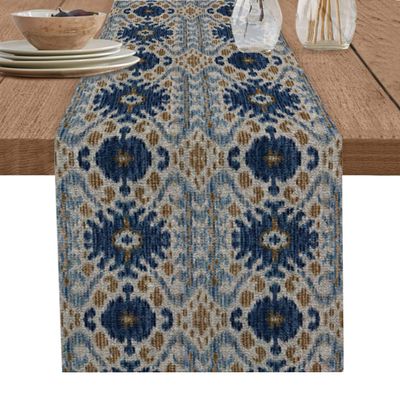 RisQiten Boho Blue Brown Table Runner - 48 Inch Long Ethnic Modern Geometric Abstract Art Cotton and Linen Blended Dress Scarves Farmhouse Table Runner for Kitchen Dining, Coffee Table, 13" x 48"