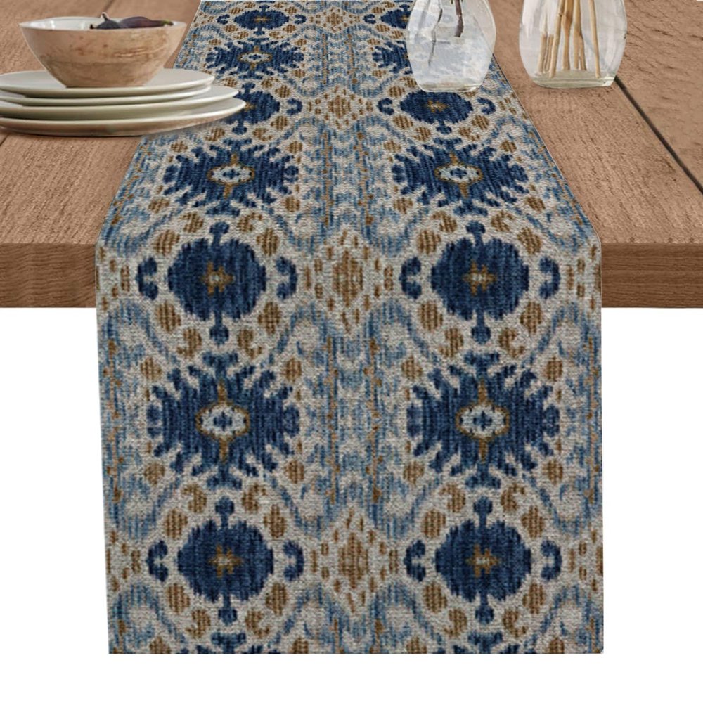 RisQiten Boho Blue Brown Table Runner - 48 Inch Long Ethnic Modern Geometric Abstract Art Cotton and Linen Blended Dress Scarves Farmhouse Table Runner for Kitchen Dining, Coffee Table, 13" x 48"