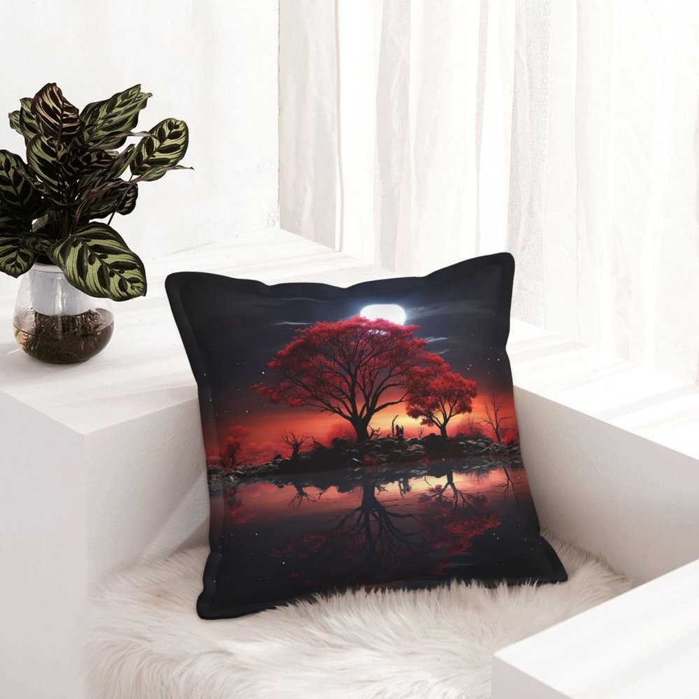 NONHAI 2PCS Faux Leather Throw Pillow Covers 20"x20" Square Pillowcases Covers Red Tree Lake Moon Leather Pillowcases Modern Cushions Covers for Couch Bed Living Room Farmhouse Decor