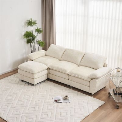 101.6" Oversized Sectional Sofa Cloud Couch, Modern Chenille Fabric Double-Upholstered Comfy Sleeper Sofa, L Shaped Boucle Couch with Moveable Ottoman for Living Room, Apartment, Office (Beige)