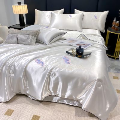 XHCTNN King Ice Silk Sheets Queen - Silky Soft Satin Cooling Comforter Full Size Air Conditioning Quilt Bedding Set 1 Right Angle Sheets + 1 Quilt + 2 Pillowcases(A-4Pcs,150 * 200cm)