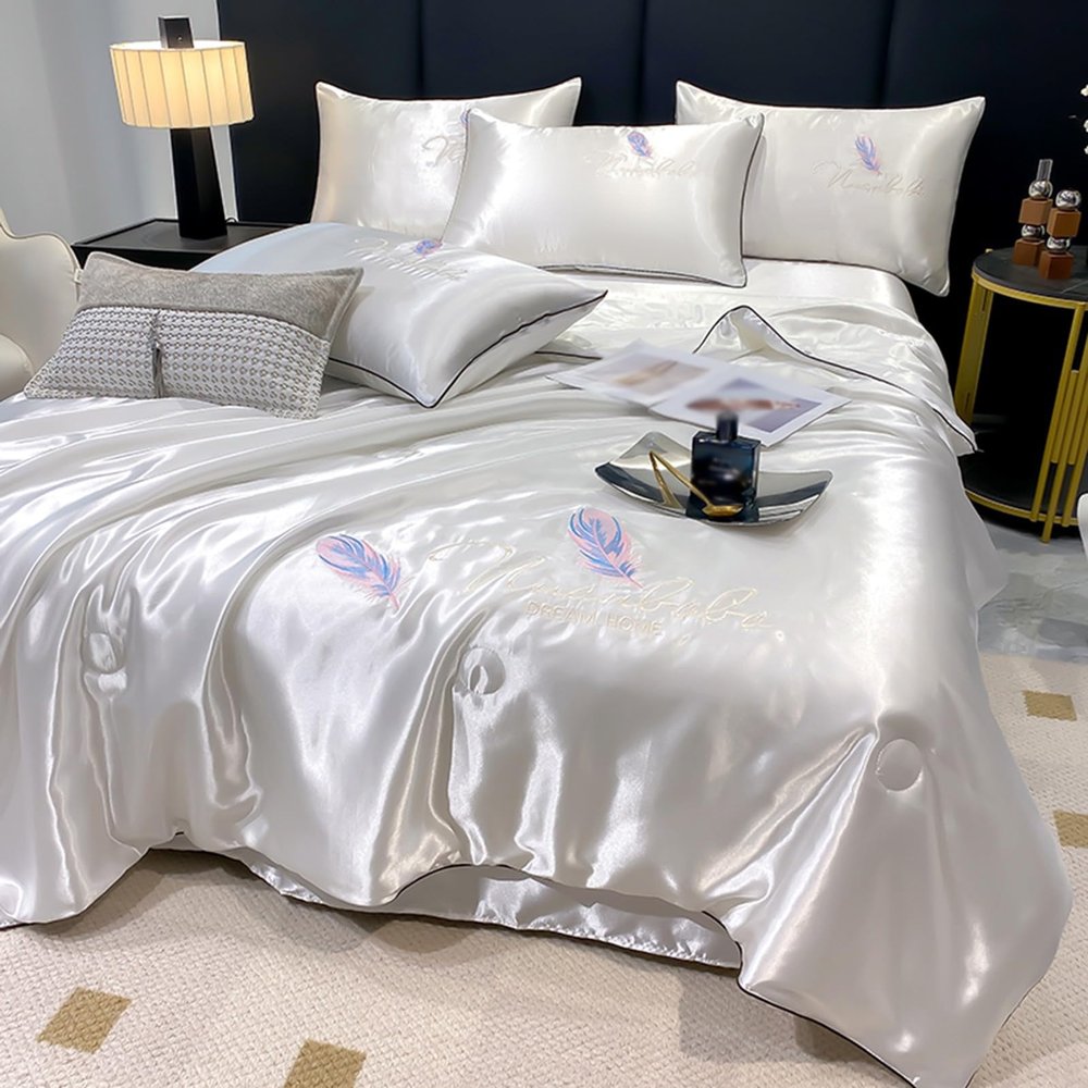 XHCTNN King Ice Silk Sheets Queen - Silky Soft Satin Cooling Comforter Full Size Air Conditioning Quilt Bedding Set 1 Right Angle Sheets + 1 Quilt + 2 Pillowcases(A-4Pcs,150 * 200cm)