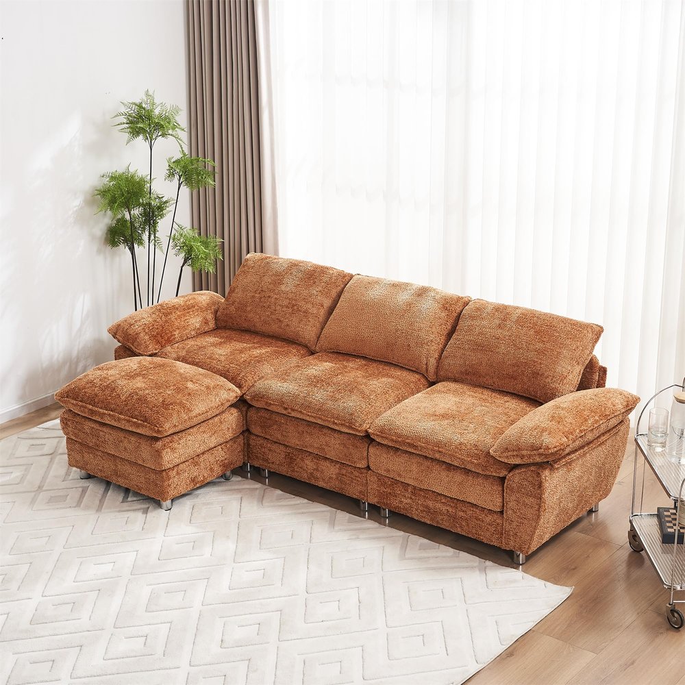 101.6" Oversized Sectional Sofa Cloud Couch, Modern Chenille Fabric Double-Upholstered Comfy Sleeper Sofa, L Shaped Boucle Couch with Moveable Ottoman for Living Room, Apartment, Office (Orange)