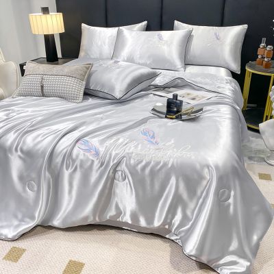 XHCTNN King Ice Silk Sheets Queen - Silky Soft Satin Cooling Comforter Full Size Air Conditioning Quilt Bedding Set 1 Right Angle Sheets + 1 Quilt + 2 Pillowcases(B-4Pcs,150 * 200cm)
