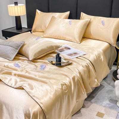 XHCTNN King Ice Silk Sheets Queen - Silky Soft Satin Cooling Comforter Full Size Air Conditioning Quilt Bedding Set 1 Right Angle Sheets + 1 Quilt + 2 Pillowcases(F,200 * 230cm)