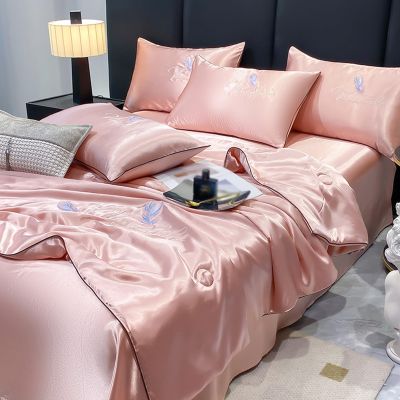 XHCTNN King Ice Silk Sheets Queen - Silky Soft Satin Cooling Comforter Full Size Air Conditioning Quilt Bedding Set 1 Right Angle Sheets + 1 Quilt + 2 Pillowcases(E-4Pcs,180 * 220cm)