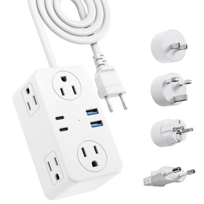 Kakyanill European Travel Plug Adapter, EU/UK/US Travel Adapter Power Strip, 6 AC Outlets, 20W USB C Power Delivery, 3ft Wrapped Around Extension Cord, Compact for Travel