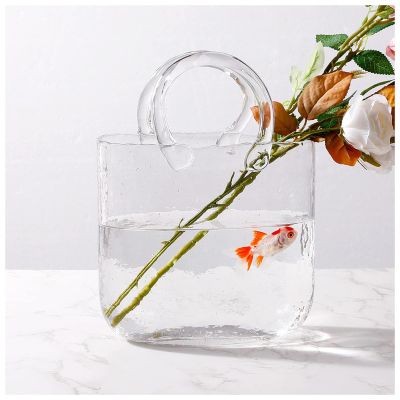 Bag Flower Vase, Hand Blown Handbag Vases for Flowers Purse Glass Vase, for Floral Arrangement Centerpiece Home Decor,Style1-Transparent