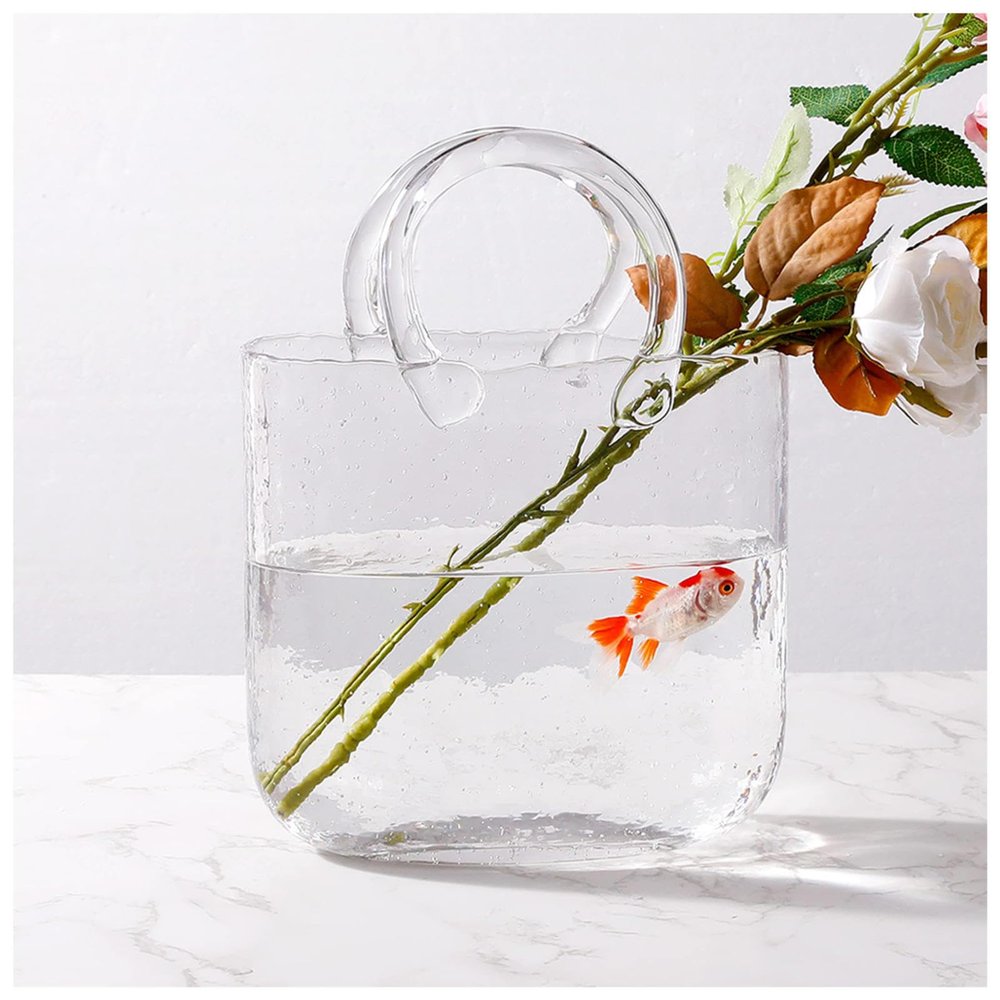 Bag Flower Vase, Hand Blown Handbag Vases for Flowers Purse Glass Vase, for Floral Arrangement Centerpiece Home Decor,Style1-Transparent
