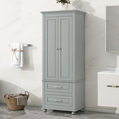 JIVOIT 62.5" H Tall Storage Cabinet with Two Drawers, Bathroom Storage Cabinet with Adjustable Shelf, Wood Cupboard Floor Cabinet for Office Bathroom