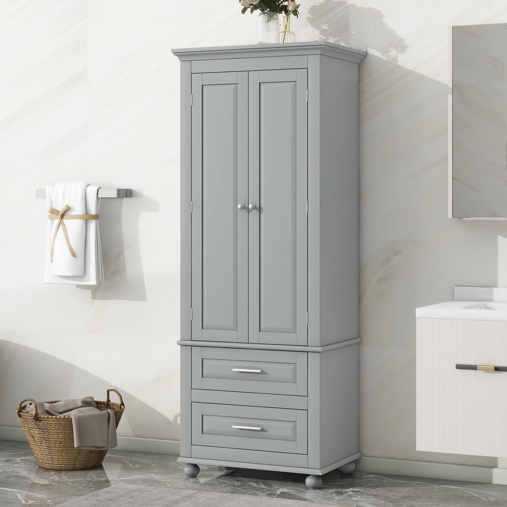 JIVOIT 62.5" H Tall Storage Cabinet with Two Drawers, Bathroom Storage Cabinet with Adjustable Shelf, Wood Cupboard Floor Cabinet for Office Bathroom