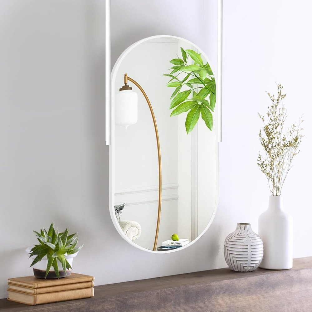 White Metal Framed Oval Mirror | Ceiling Hanging Bathroom Mirror | Ceiling-Mounted Double Boom Large Mirror for Bathroom Living Room Bedroom and Hallway (Size : 40cmx70cm)