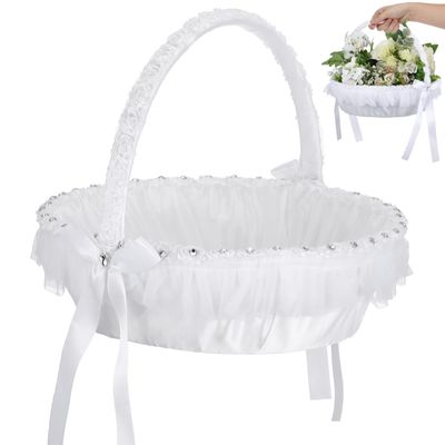 STOBAZA White Flower Girl Basket for Wedding, Lace Handle Bowknot Fairy Petal Basket for Girls and Kids, Wedding Decoration and Party Supplies