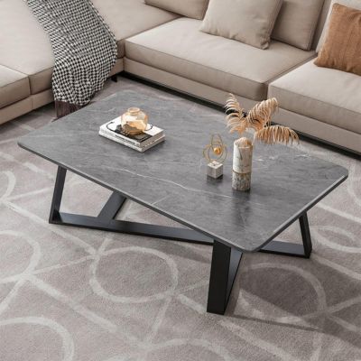 GQMYCDM Small Coffee Tables for Small Spaces, Rectangle Coffee Table, Modern Coffee Table, Wood Top with Metal Frames, Easy Assembly (Color : Gray+Black, Size : 47in/120cm)